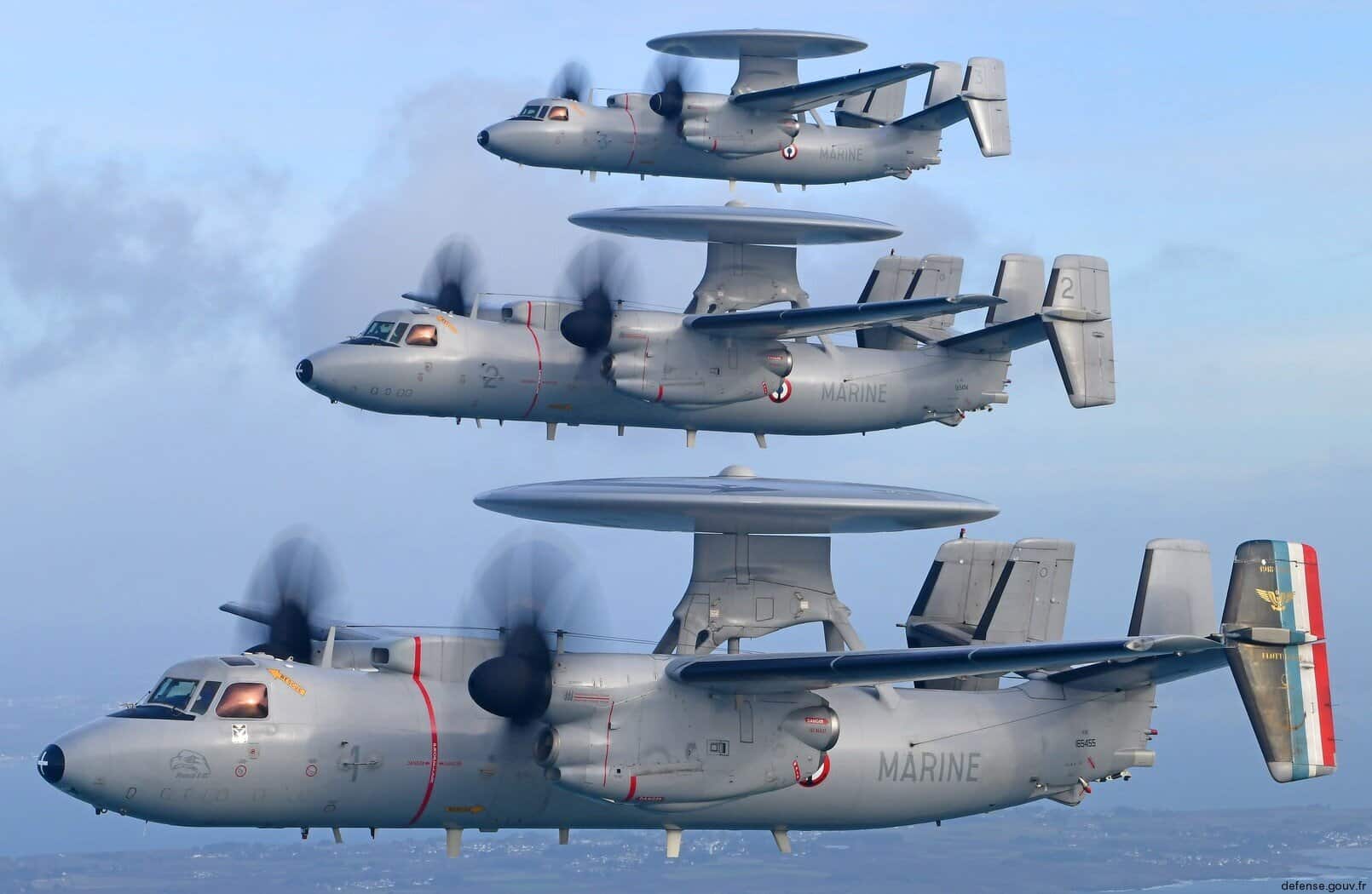 Three E-2C Hawkeye AWACS aircraft of French Naval Aviation. Photo credits: Marine nationale.