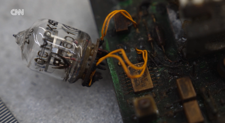 A vacuum tube found in the wreckage of Oreshnik. Screenshot from a CNN video