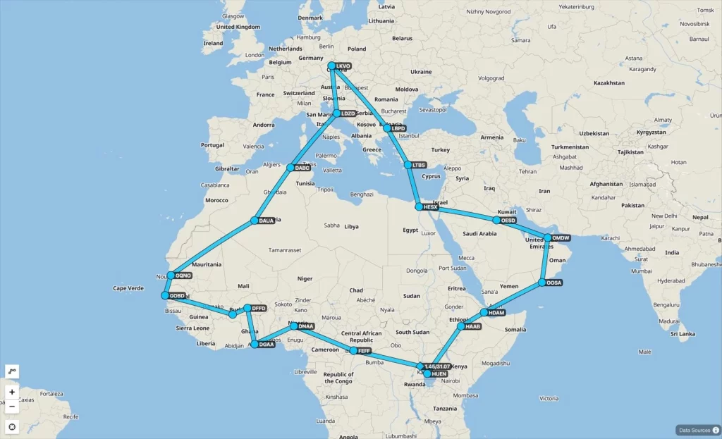 Карта з маршрутом L-39 Skyfox в Африці. Фото AERO Vodochody AEROSPACE