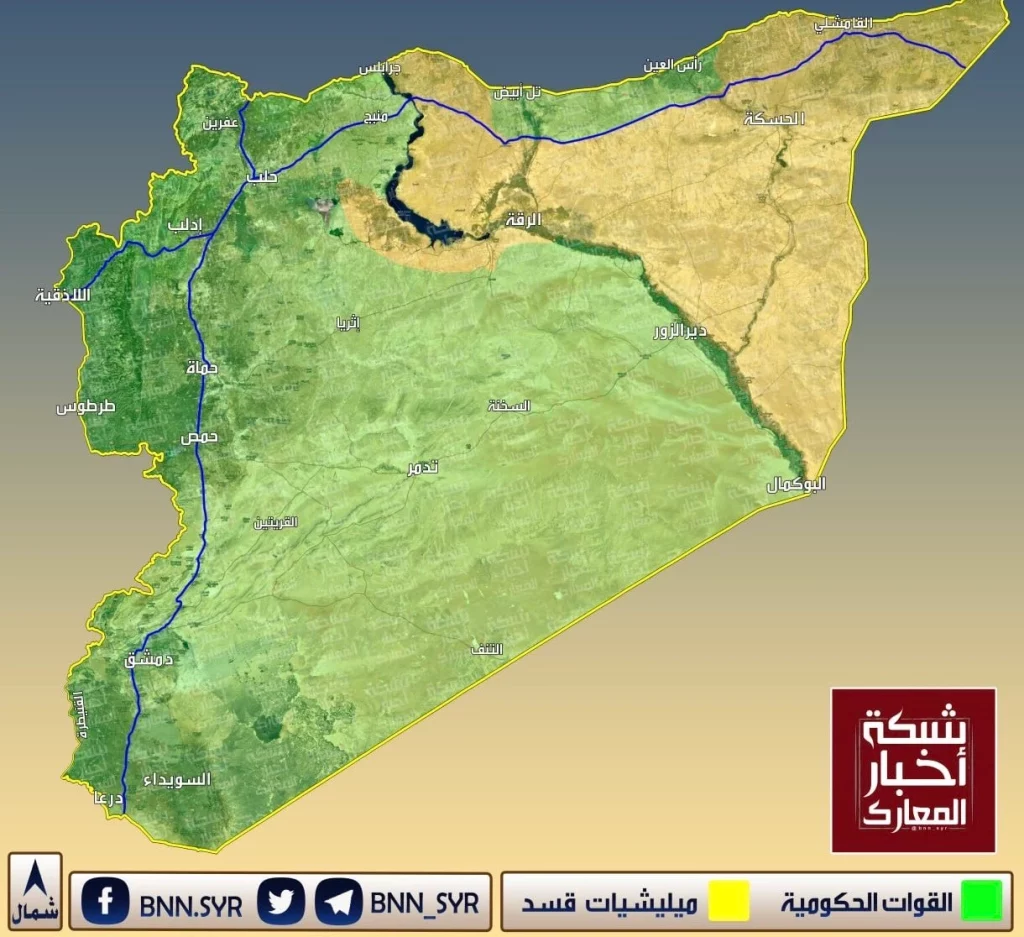 Мапа контролю територій Сирії до початку наступу урядових військ , жовтень 2025 року. Зеленим кольором - проурядові підрозділи, жовтим - підрозділи курдів. Фото BNN Syr