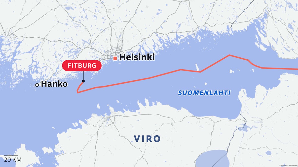 The route of the Fitburg vessel before and during its detention on December 31, 2025. Photo credits: Tommy Pilkko / Yle, Mapcreator, OpenStreetMap, Source: MarineTraffic