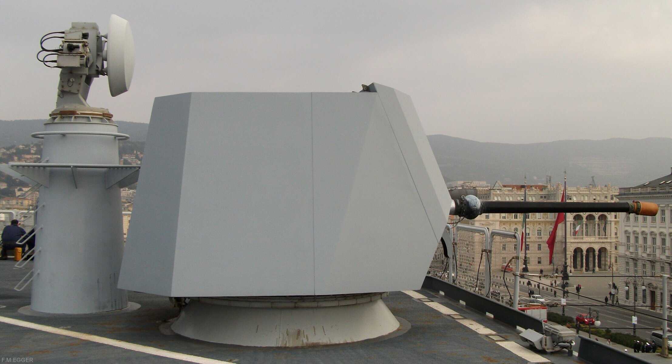 A 76 mm OTO Melara Super Rapid gun on board the aircraft carrier Cavour. Photo credits: Italian Navy.