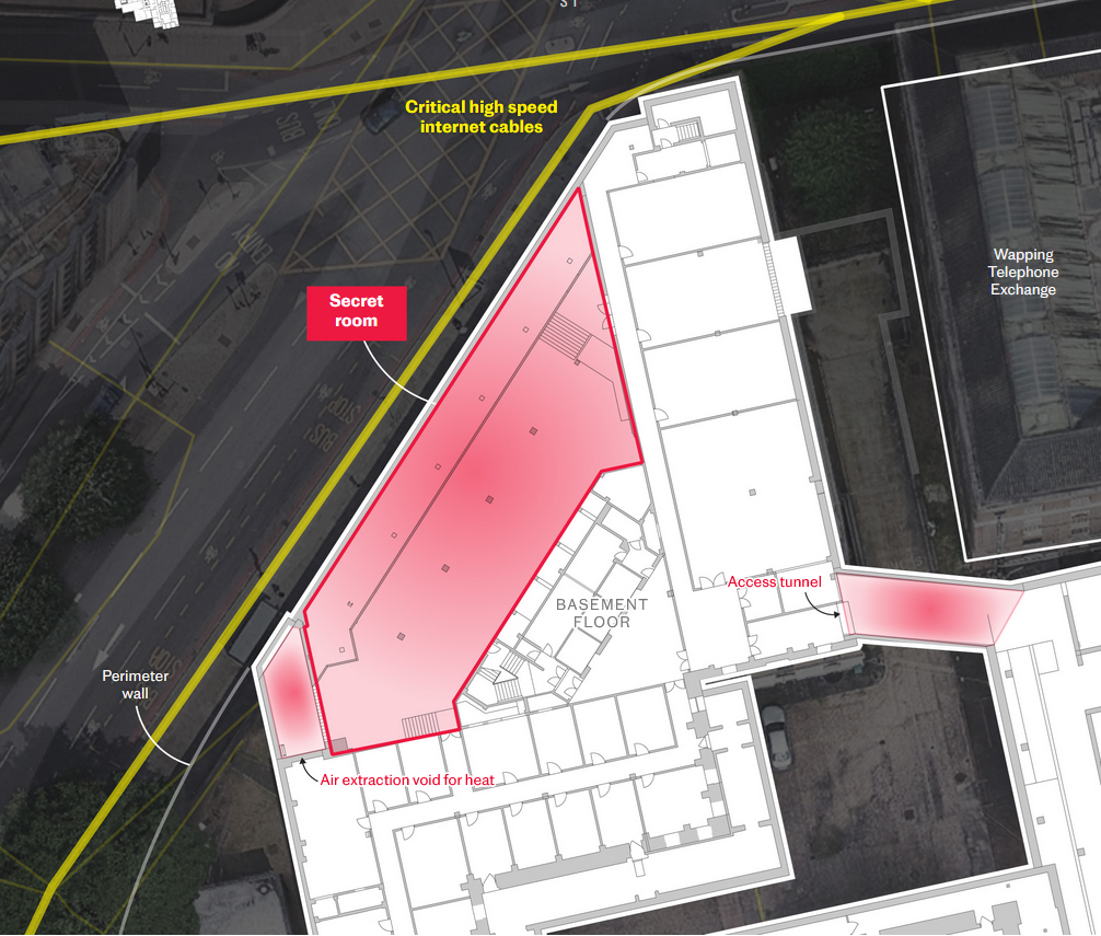 Плану частини "суперпосольства" з таємною кімнатою поруч з оптоволоконними кабелями. Інфографіка The Telegraph