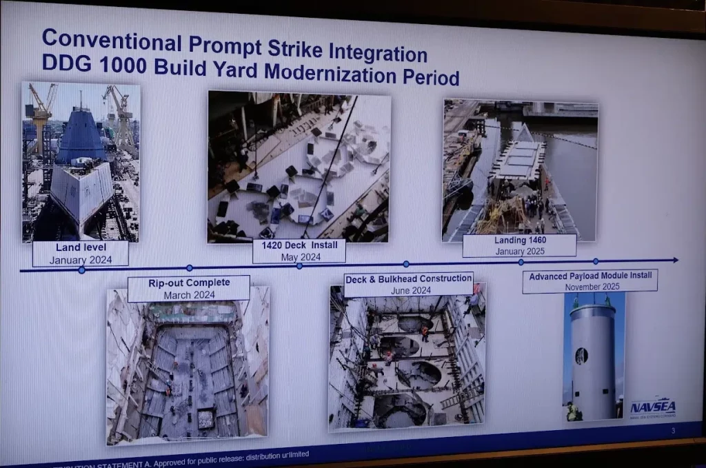 Слайд з презентації капітана Лоулера про стан процесу модернізації DDG-1000, яка демонструє прогрес будівництва за останні 2 роки. Фотографія Naval News.