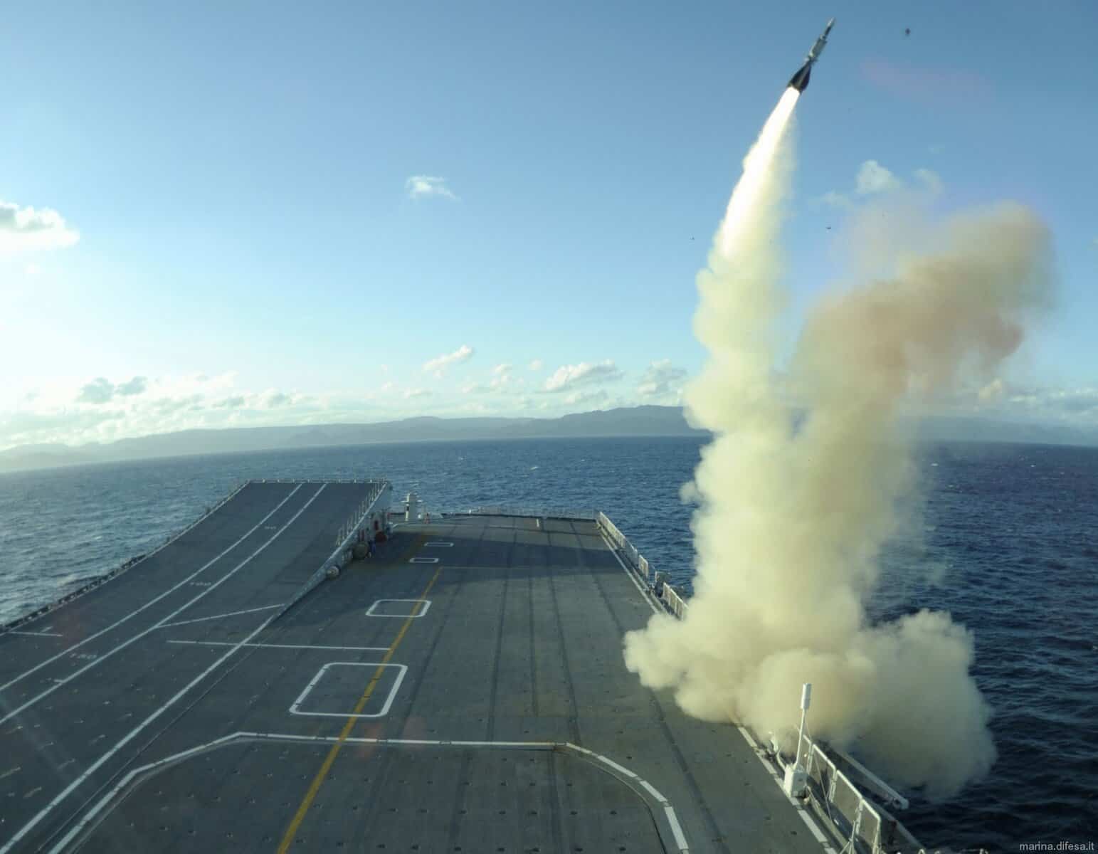 Launch of an Aster-15 anti-aircraft missile from the Cavour aircraft carrier. Photo credits: Italian Navy.