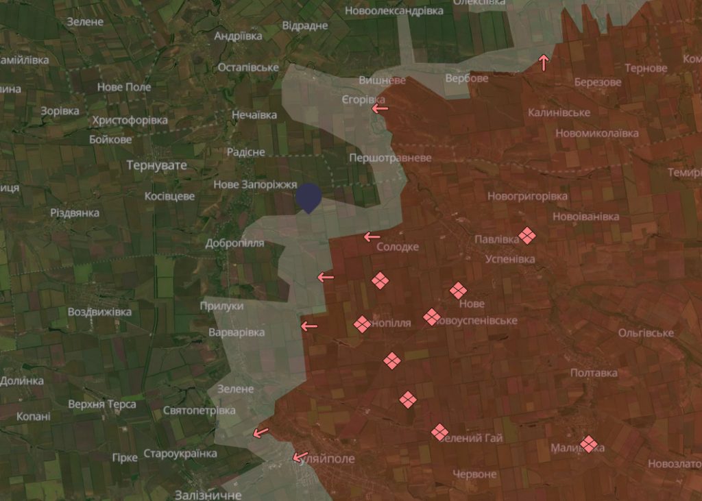 Ситуація у районі Добропілля на мапі Deepstate станом на 24 січня 2026 року та геолоковане місце невдалого російського штурму