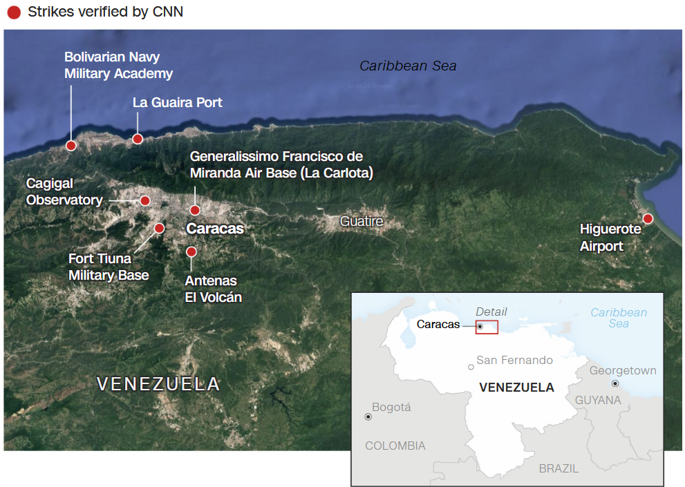 Known locations of U.S. strikes on Venezuela on January 3, 2026. CNN infographic