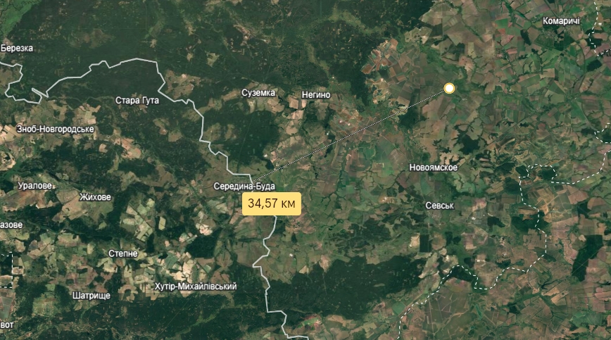 Відстань від населеного пункту Асовиця до державного кордону України. Фото: Google Earth