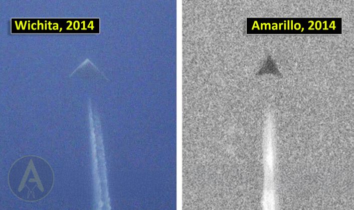 Два таємничі літаки, помічені над Техасом і Канзасом у 2014 році. (Джерело зображення: The Aviationist на основі знімків Маскета і Темпліна).