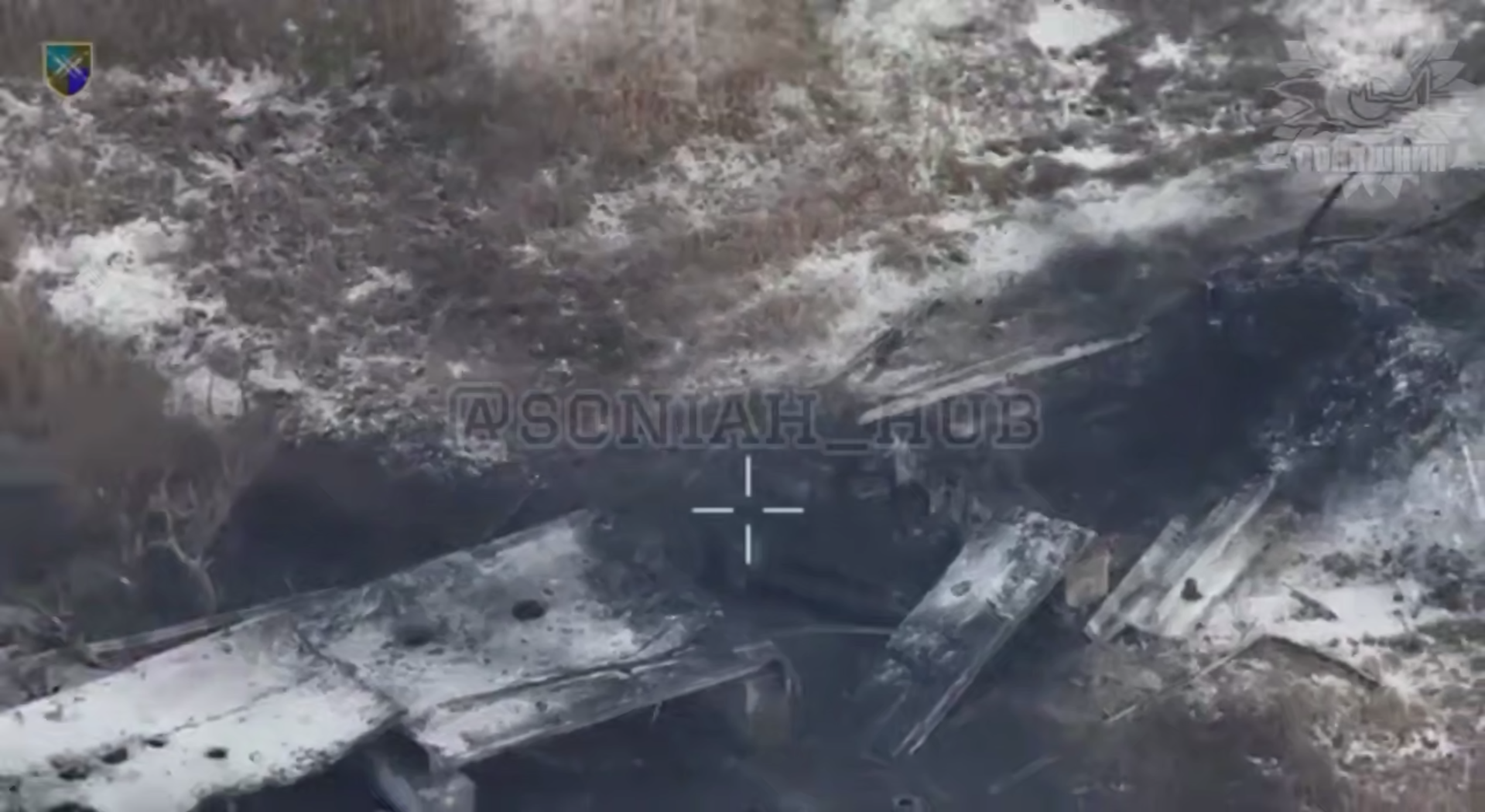 A road bridge destroyed by an airstrike carried out by a MiG-29MU1. Freeze frame from a video by Soniashnyk Telegram channel