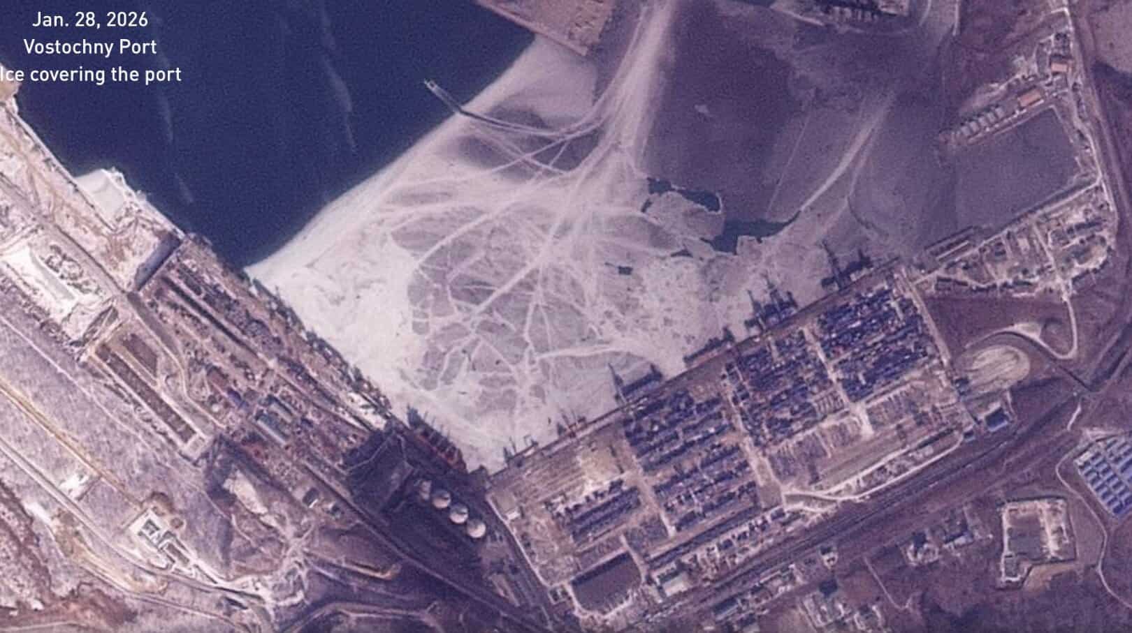 The Russian port of Vostochny covered in ice. January 2026. Source: nknews.org