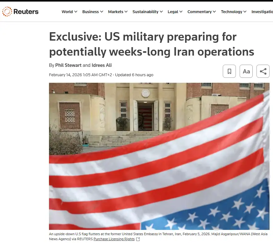 Публікація Reuters 13.02.2026. Exclusive: US military preparing for potentially weeks-long Iran operations. Скріншот.