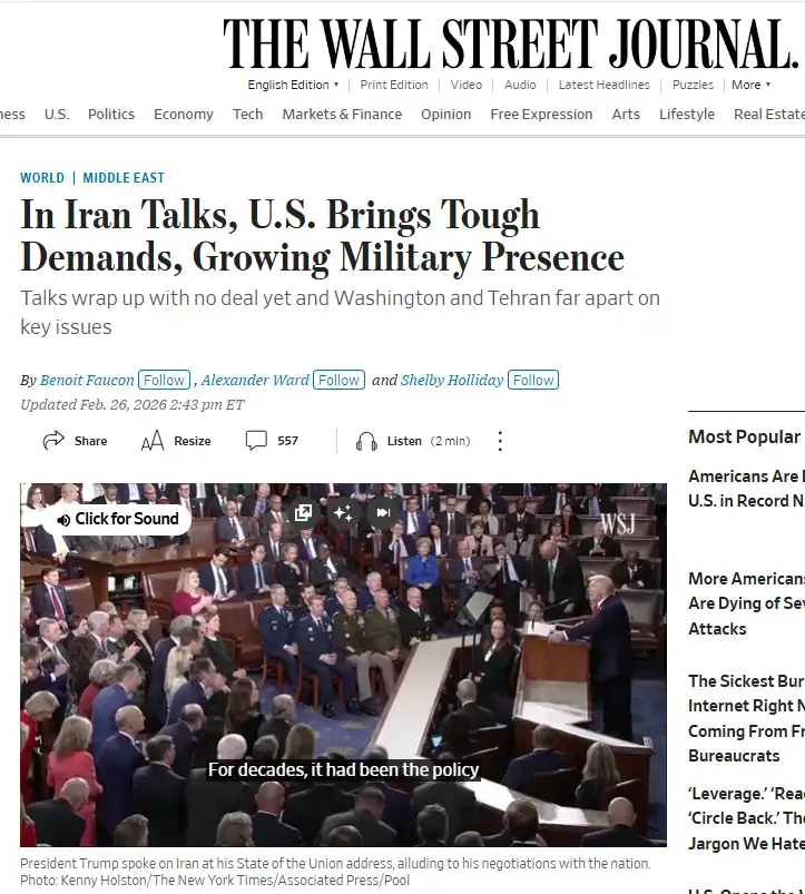 Публікація The Wall Street Journal від 26.02.2026. In Iran Talks, U.S. Brings Tough Demands, Growing Military Presence. Скріншот.