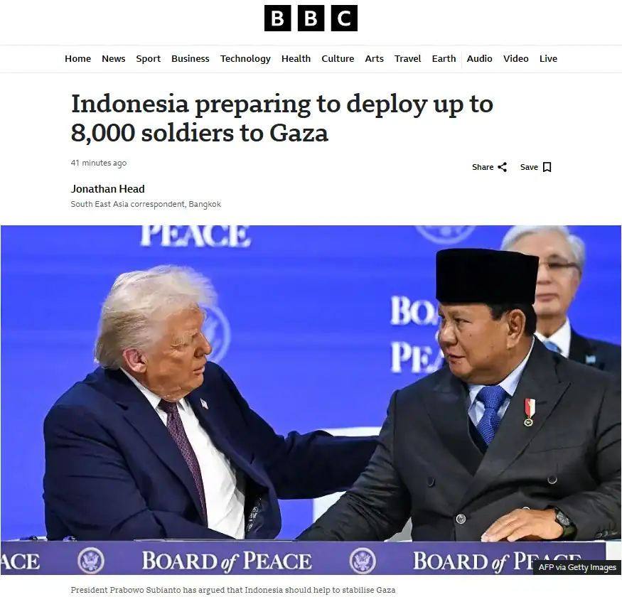 Публікація ВBC від 10.02.2025р. Indonesia preparing to deploy up to 8,000 soldiers to Gaza. Скріншот.