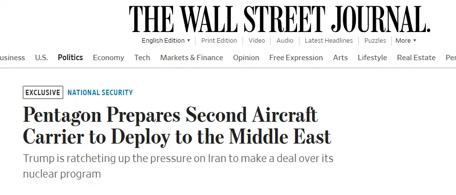 Публікація The Wall Street Journal від 12.02.2026. Pentagon Prepares Second Aircraft Carrier to Deploy to the Middle Eas. Скріншот.