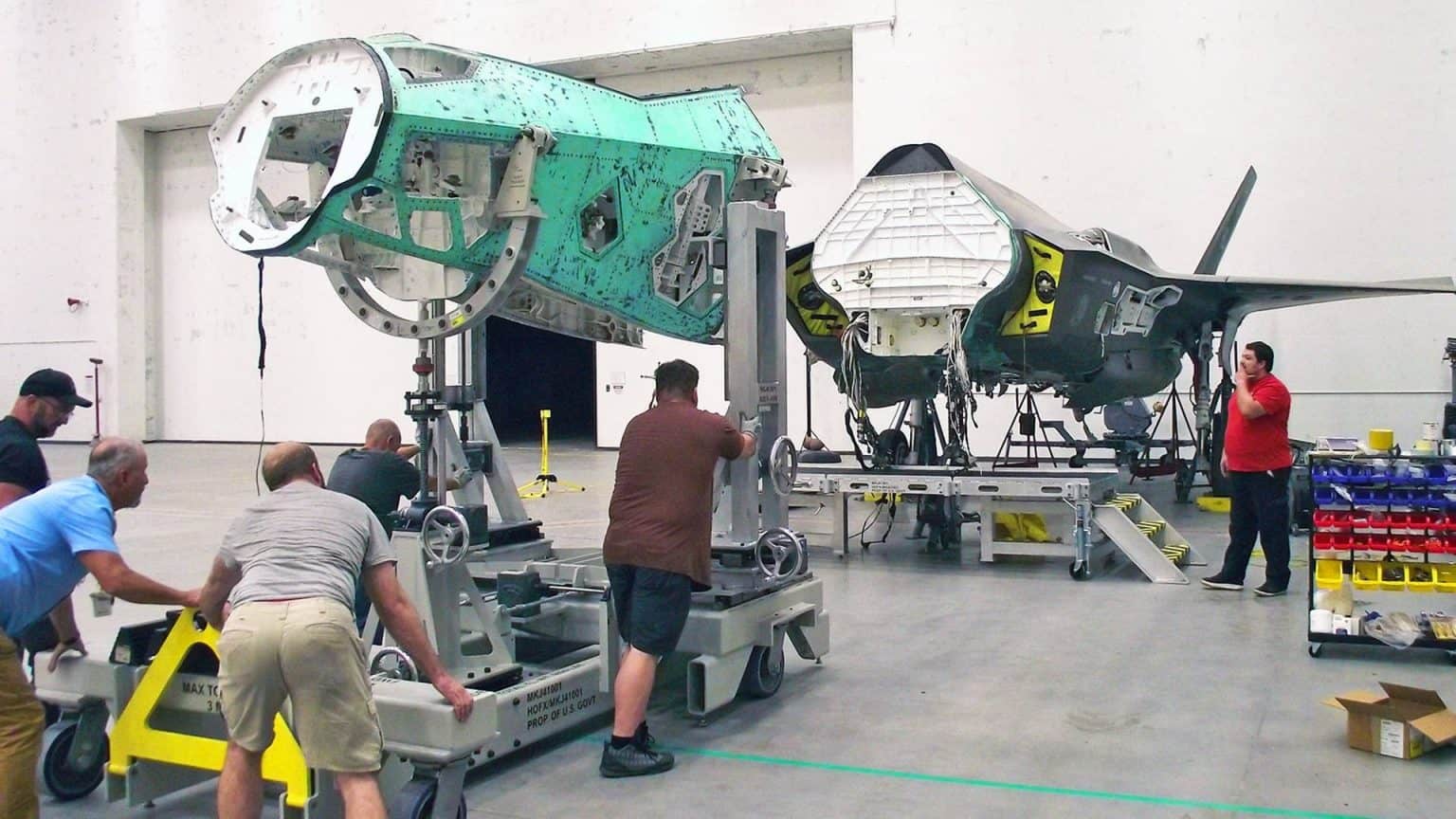 A partially disassembled F-35A fighter jet at Hill Air Force Base, USA, December 2023