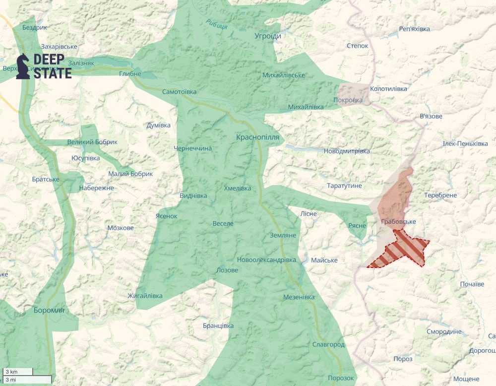 New Russian advance near Hrabivske on February 5, 2026, according to DeepState. Infographic by Shrike News