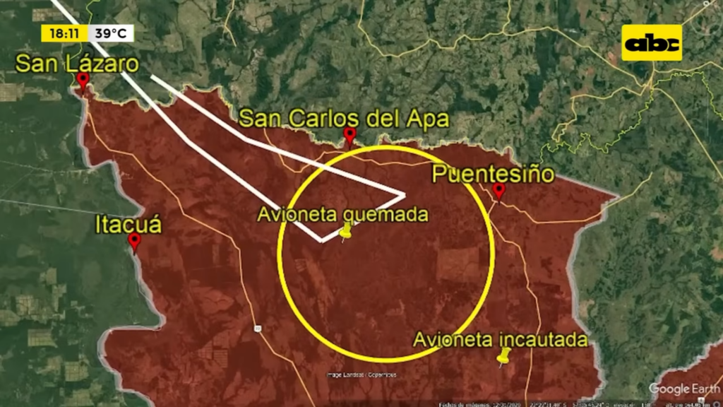 Приблизний маршрут польоту літака наркоторговців перехопленого Повітряними силами Парагваю. Стоп-кадр з відео ABC