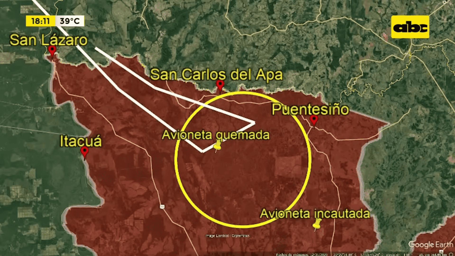 Приблизний маршрут польоту літака наркоторговців перехопленого Повітряними силами Парагваю. Стоп-кадр з відео ABC