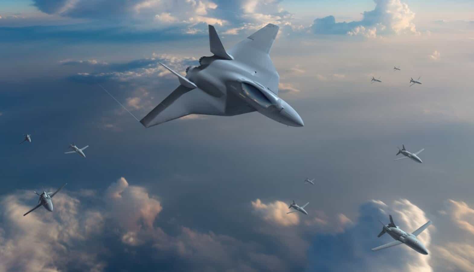 Illustration of a fighter jet and drones under the FCAS program
