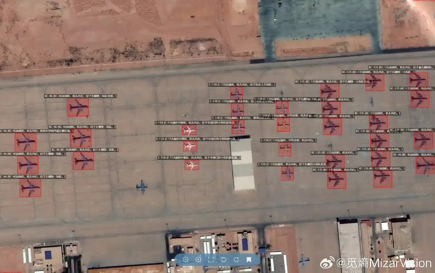 US tankers and DRLV aircraft deployed to the Middle East on February 21, 2026, as recorded by Chinese Mizarvision satellites. Photo credits: @lobsterlarryliu