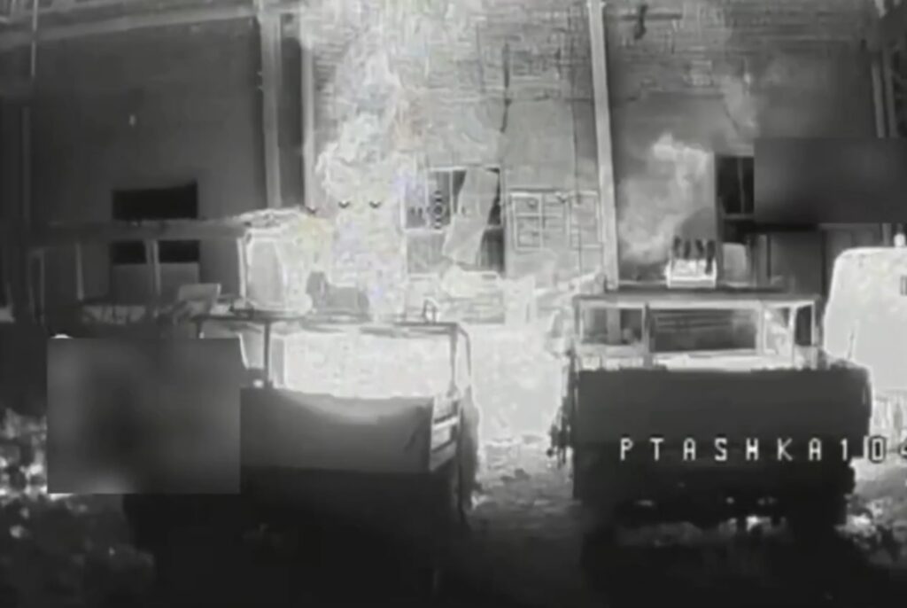 Burning Russian equipment at a warehouse in the Kursk region. February 2026. Photo credits: Ptashka Drones