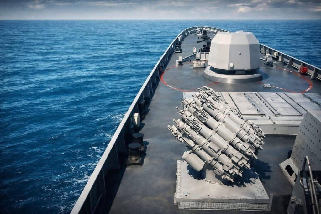 76-мм артилерійська установка H/PJ-26, реактивний бомбомет РБУ-6000 та комірки вертикальної пускової установки на фрегаті F19 "King Thalun" ВМС М'янми