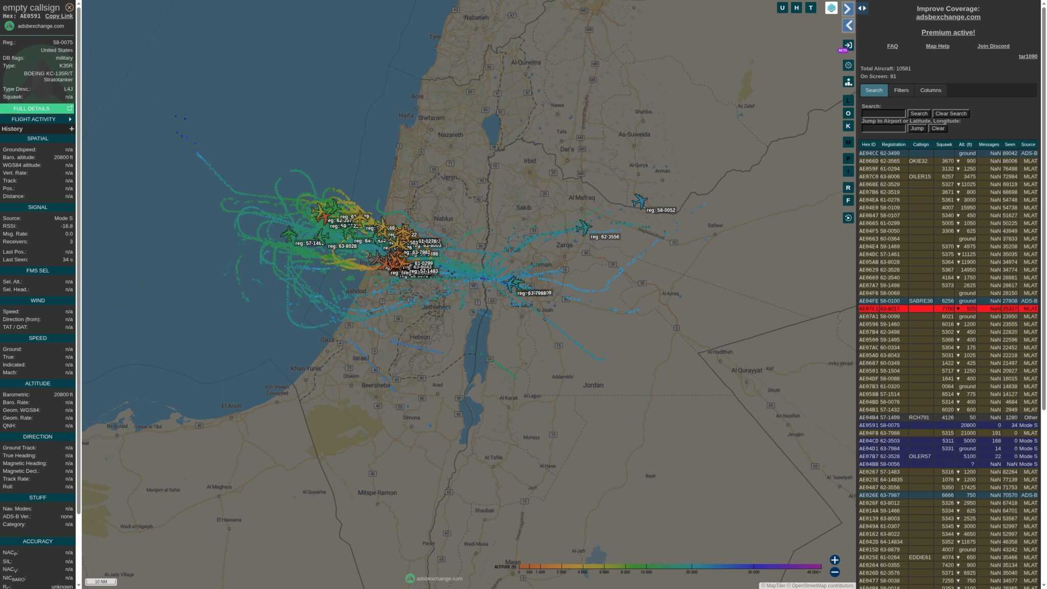 Activity of tankers in the skies over Israel. Photo credits: Flightradar24/Steffan Watkins