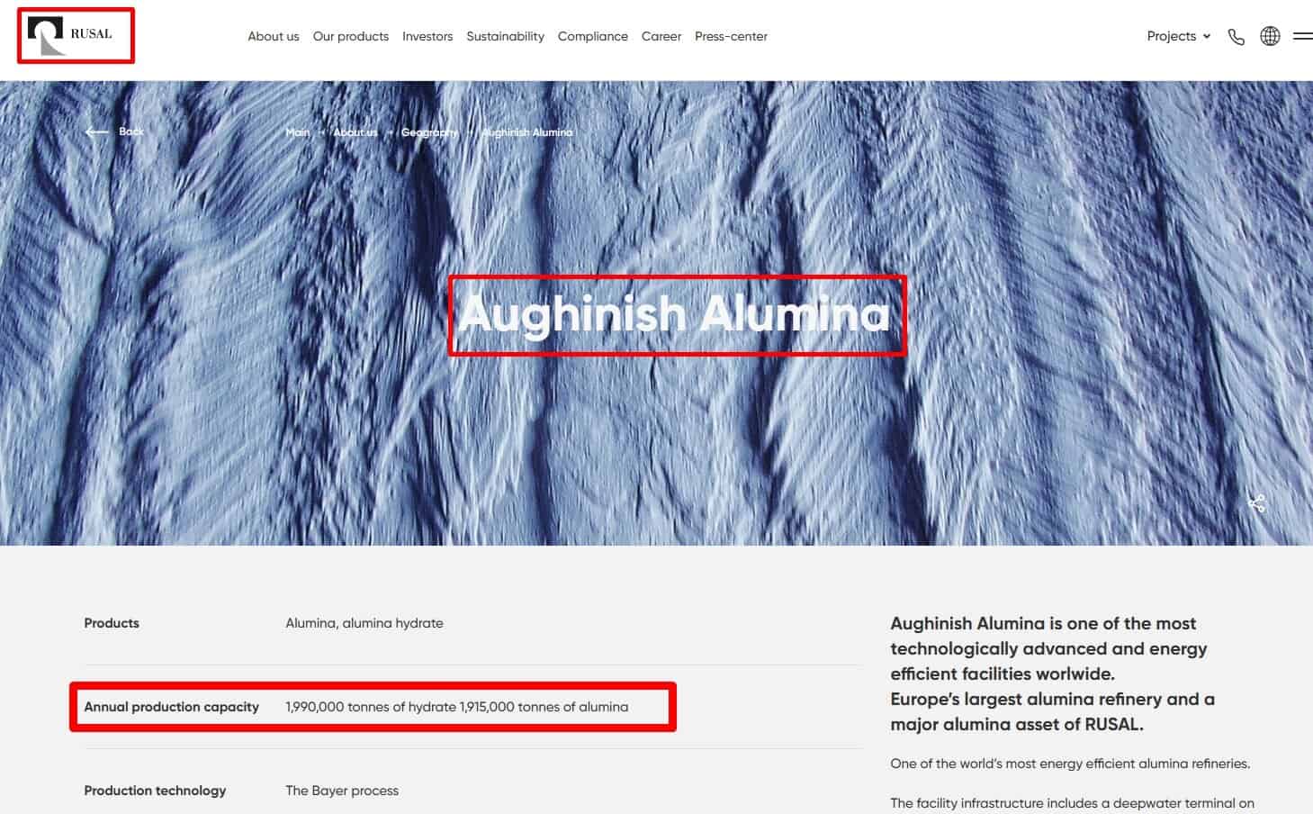 Інформація про Aughinish на сайті компанії RUSAL