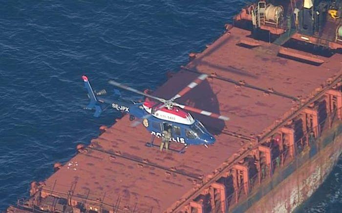 The Kustbevakningen coast guard, with the support of the police, boards the dry cargo ship Caffa. Photo credits: Kustbevakningen.