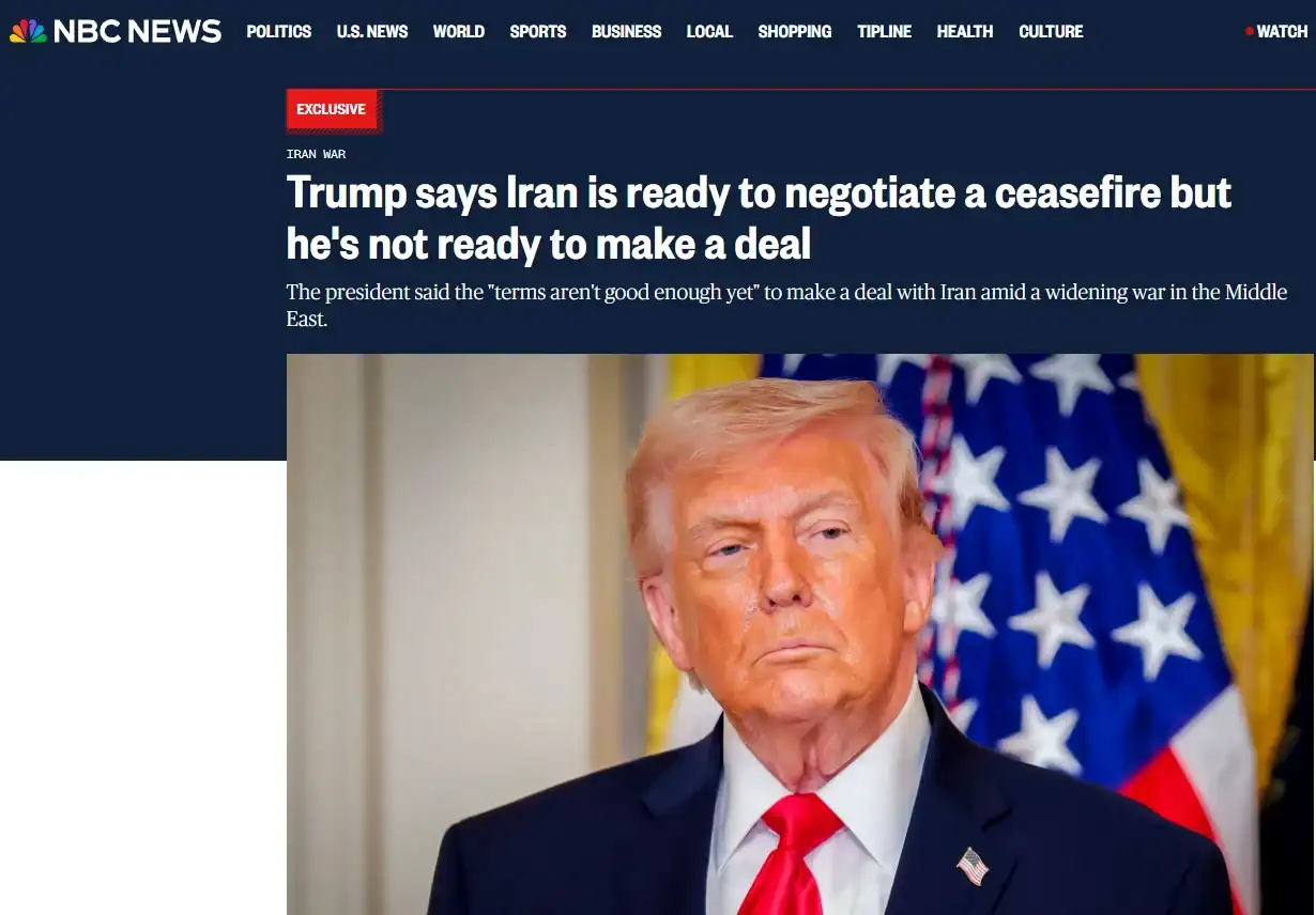 Публікація NBC News від 15.03.2026р. Trump says Iran is ready to negotiate a ceasefire but he's not ready to make a deal, Скріншот. 