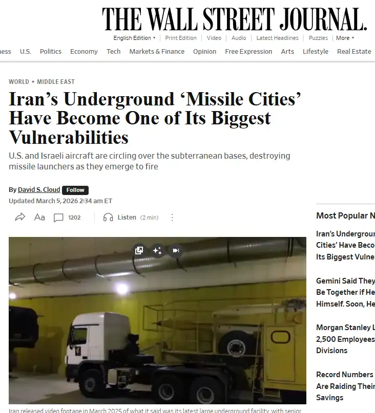 Публікація The Wall Street Journal від 5.03.2026. Iran’s Underground ‘Missile Cities’ Have Become One of Its Biggest Vulnerabilities. Скріншот.
