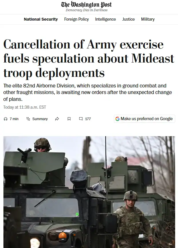 Публікація  The Washington Post від 6.03.2026. Cancellation of Army exercise fuels speculation about Mideast troop deployments. Скріншот.