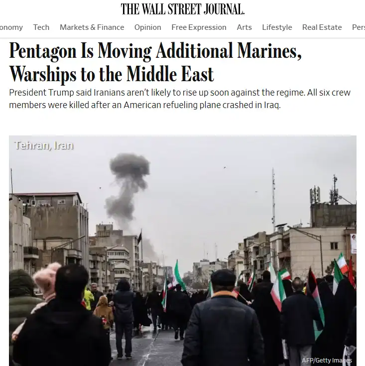 Публікація The Wall Street Journal від 13.03.2026. Pentagon Is Moving Additional Marines, Warships to the Middle East. Скріншот.