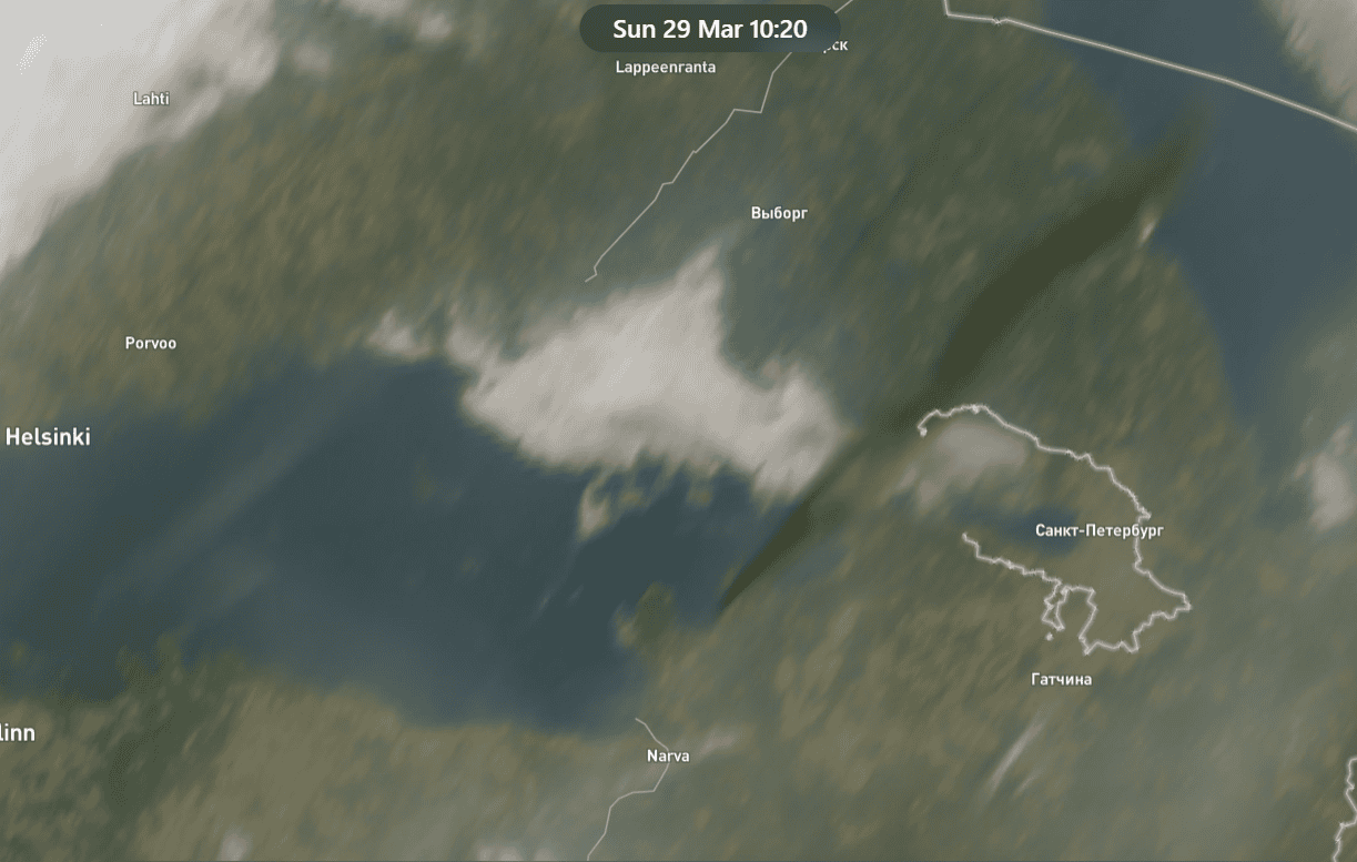 Smoke from a large-scale fire at the Russian port of Ust-Luga, as of the morning of March 29, 2026. Screenshot from the satellite monitoring service HighSight