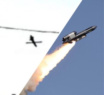 A Flamingo missile in flight during the strike on the PromSintez plant in Chapayevsk of thd Samara region. March 28, 2026. Photo credits: Exilenova+