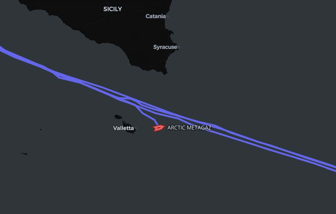 Маршрут підсанкційного LNG-танкеру ARCTIC METAGAZ у середземному морі. Джерело: @malte_humpert в Х