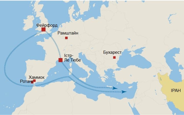 Зміна маршрутів стратегічної авіації США через закриття неба Іспанією. Бомбардувальники B-52 та B-1 змушені огинати Піренейський півострів або використовувати авіабазу Істр-ле-Тюб у Франції для дозаправки на шляху до Ірану. Ілюстрація: elpais: 