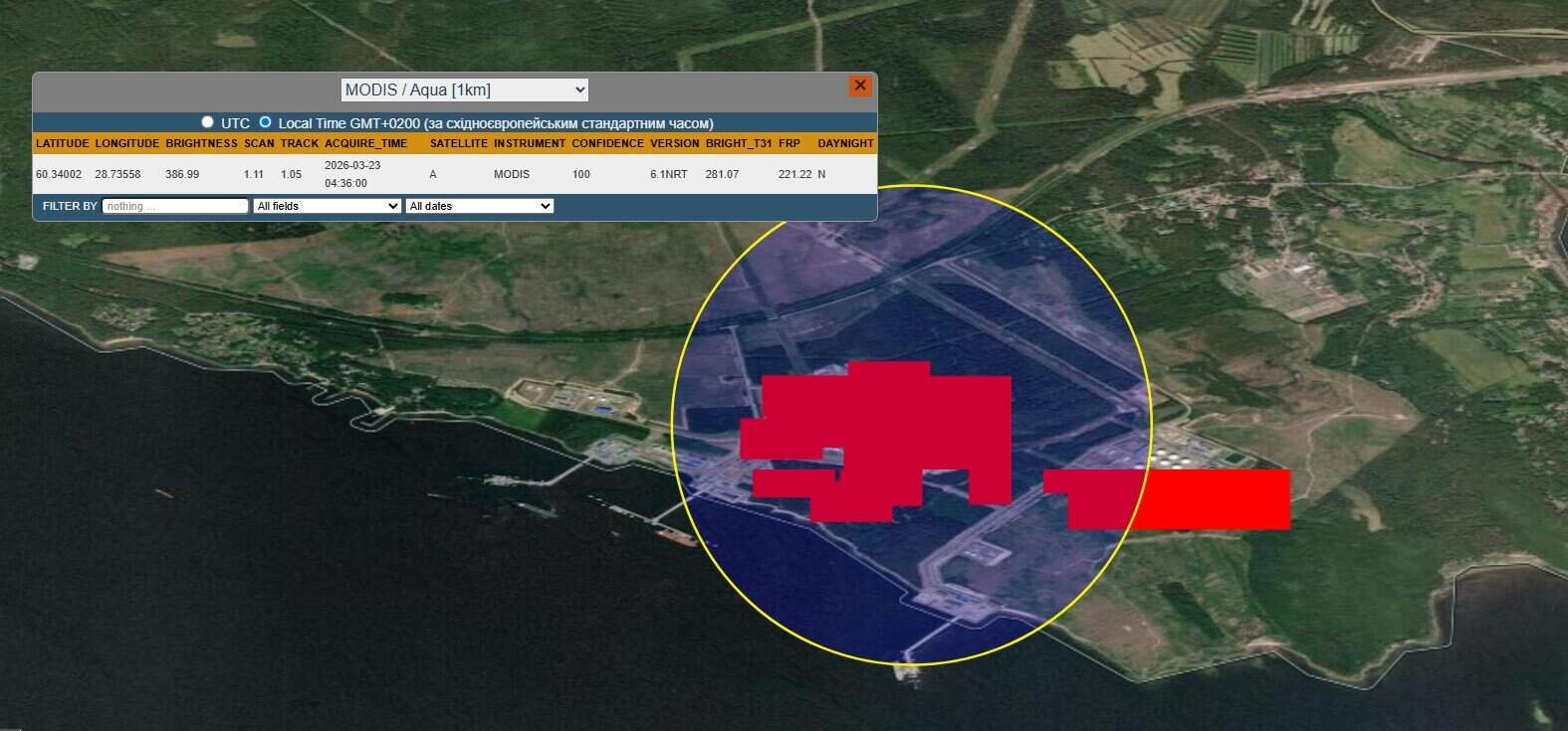 Пожежа на території нафтового порту Приморськ у Ленінградській області. Фото: NASA FIRMS