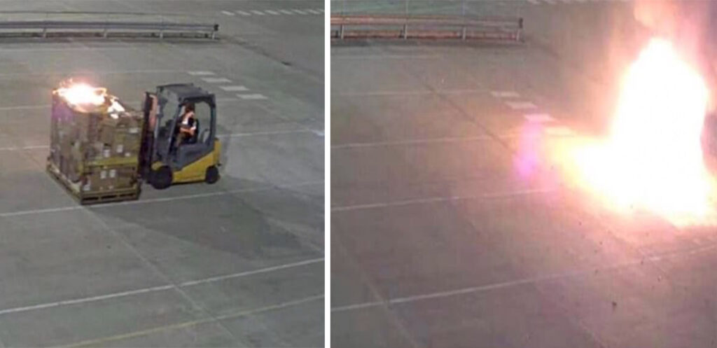 Посилка, що спалахнула на складі DHL поблизу Бірмінгема 22 липня 2024 року. Фото: dailymail