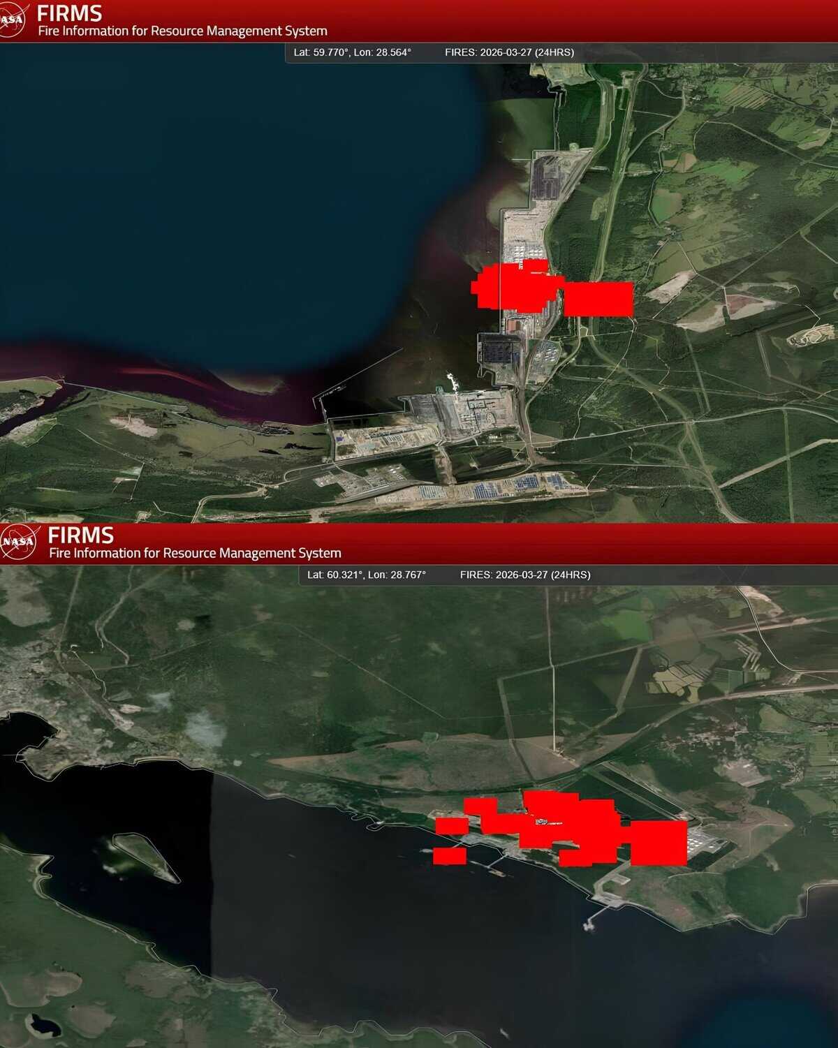 Пожежі у російських портах Приморськ та Усть-Луга. 27 березня 2026. Джерело: NASA FIRMS
