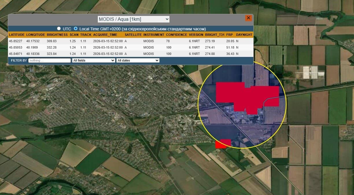 Зафіксована супутниками NASA пожежа на території перевалочної нафтобази в Тихорєцьку. Фото: NASA FIRMS