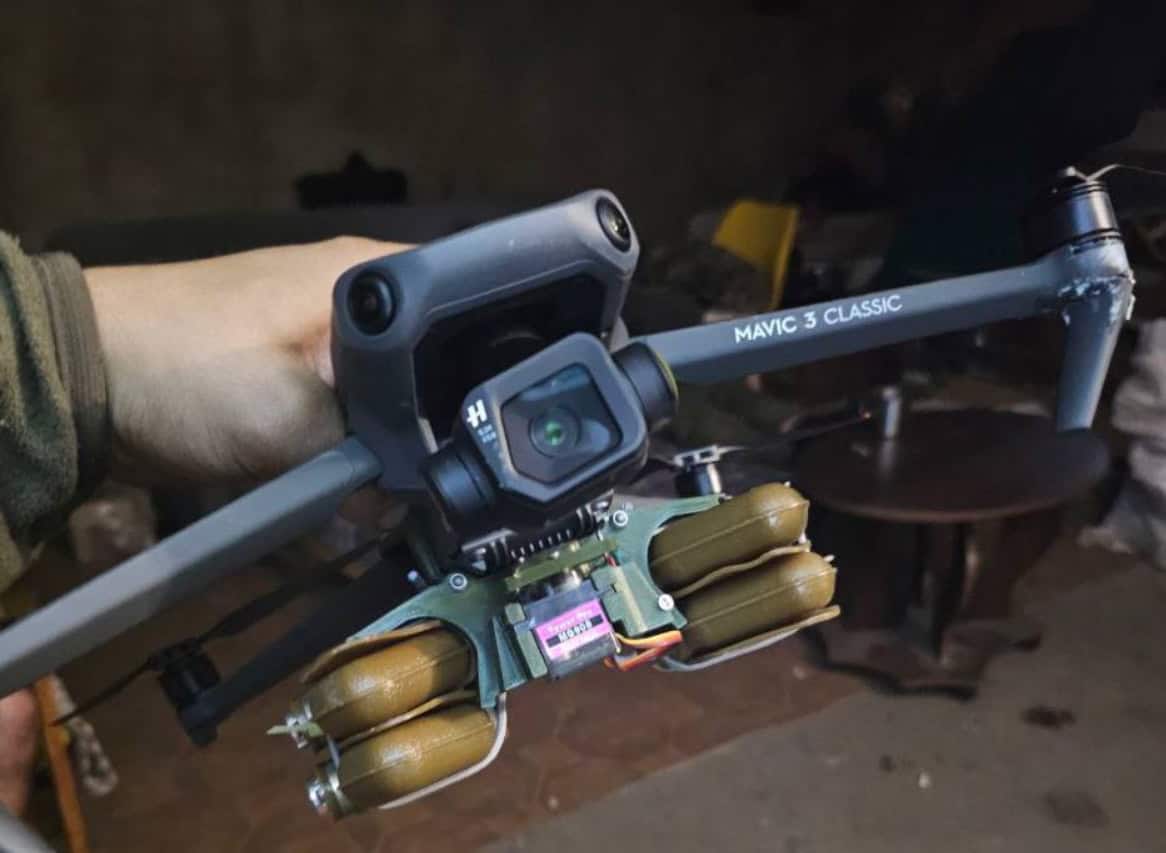 DJI Mavic 3 drone used by the Russian military with a PFM-1 mine-dropping system installed. 2024. Photo credits: Serhiy Flash