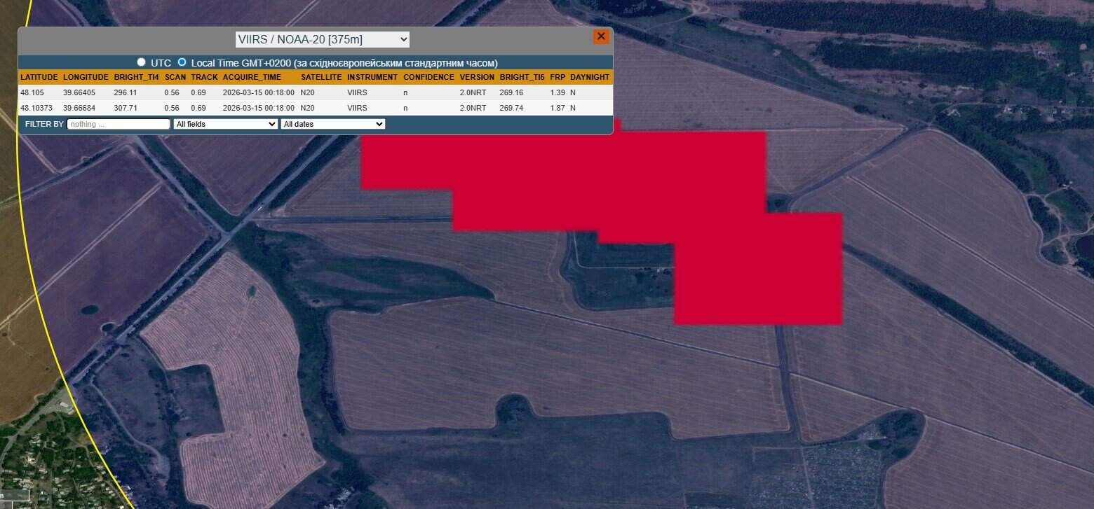 Пожежа на території динамітного складу в Довжанську, де зберігалися ракети. Фото: NASA FIRMS