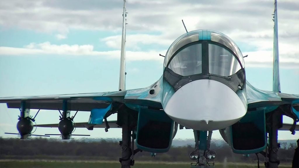 Su-34 with aerial bombs equipped with UMPK glide modules. Photo from open sources