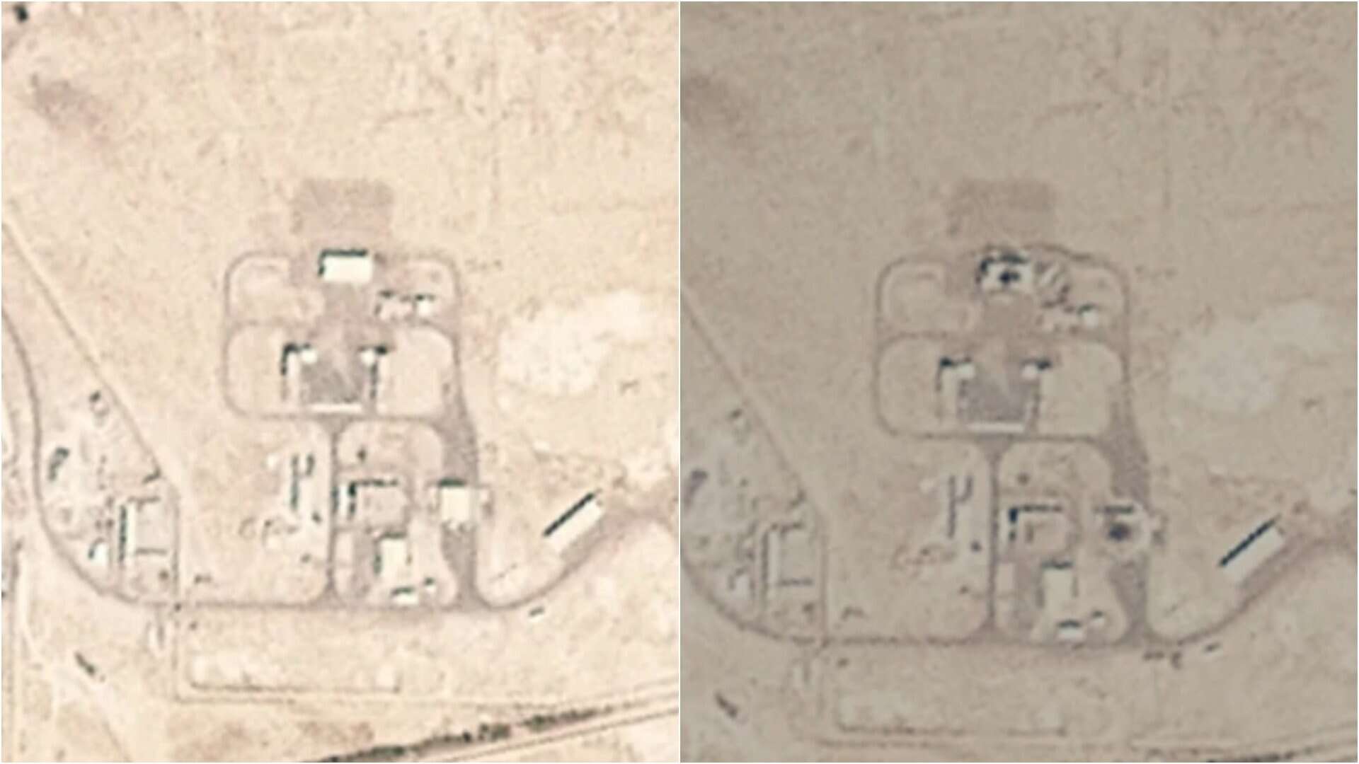 Satellite images show dark marks from strikes on four THAAD battery buildings near Al-Sadder, UAE, including a couple of carports used to store radar systems. Dates: February 27, 2026 (before) and March 1, 2026 (after). Source: Planet Labs.