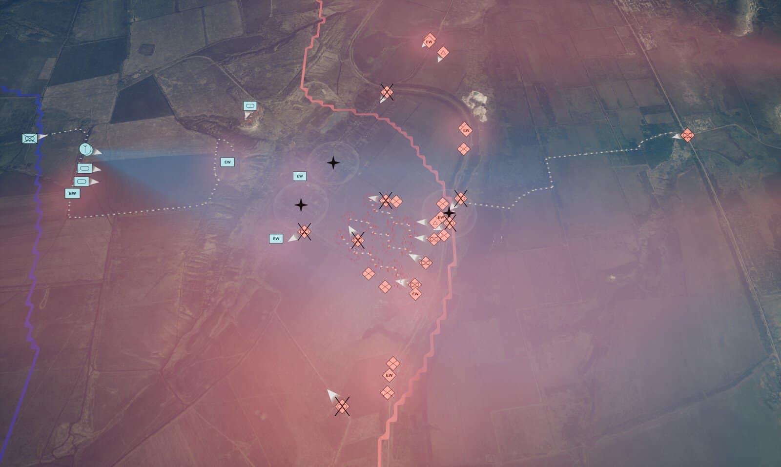 Тактична мапа з візуалізацією радарів і цілей на симуляторі «Обрій Антишахід». Джерело: Twist Robotics