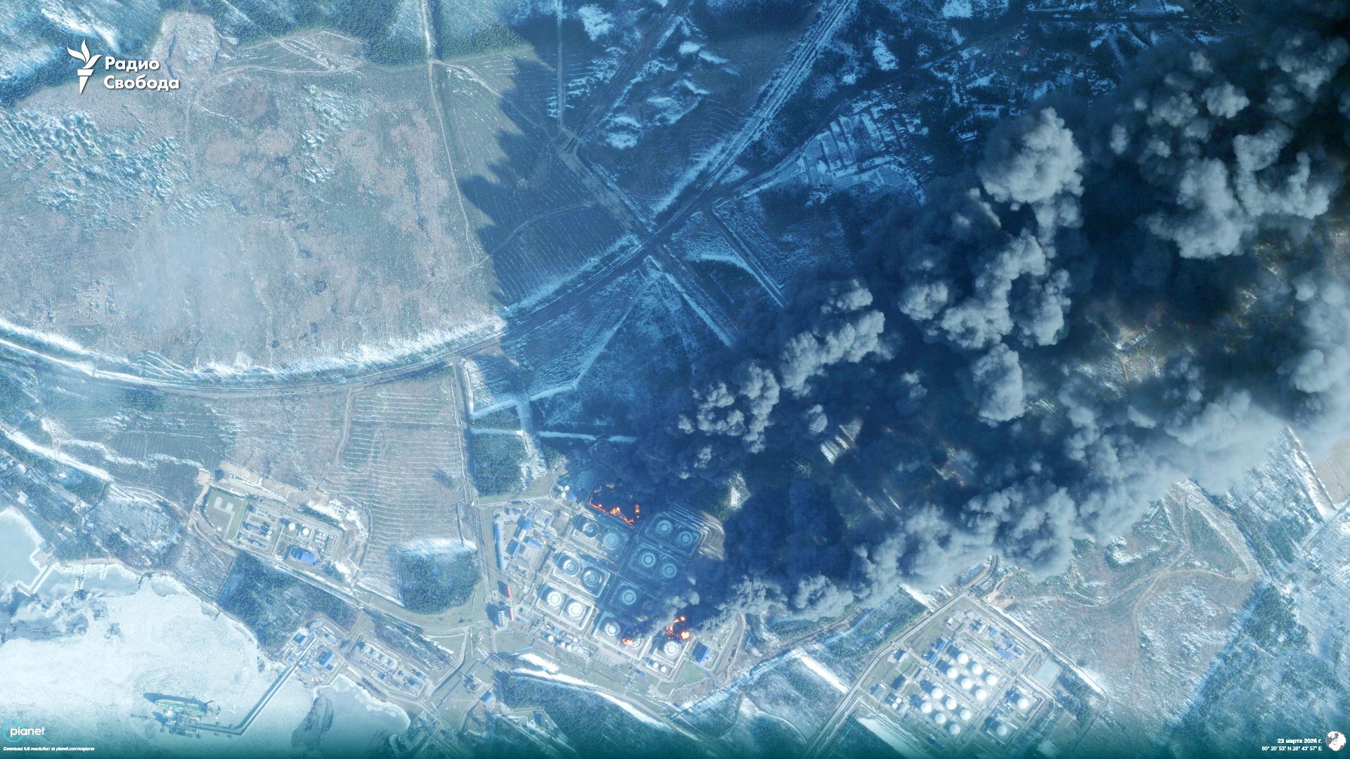 The affected oil tanks of the port of Primorsk. Photo credits: Mark Krutov/Planet