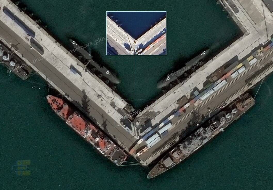 Damage to the pier at the Novorossiysk naval base following the SeaBaby drone attack on December 15, 2025. Photo credits: Exilenova+