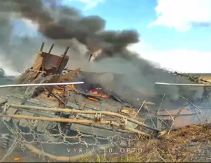 A destroyed Russian tank near Robotyne, March 28, 2026. Still image from a video by the Ronin 65th Mechanized Brigade